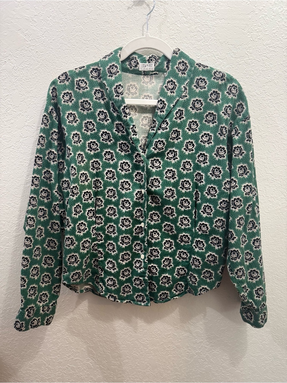 Vintage 80s Esprit Sport Green Blue White Floral Cotton Retro Blouse Women’s S - Picture 1 of 8